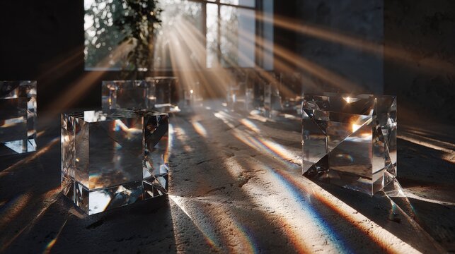Faceted crystal cubes refract sunlight beams creating rainbow patterns on a dark concrete floor