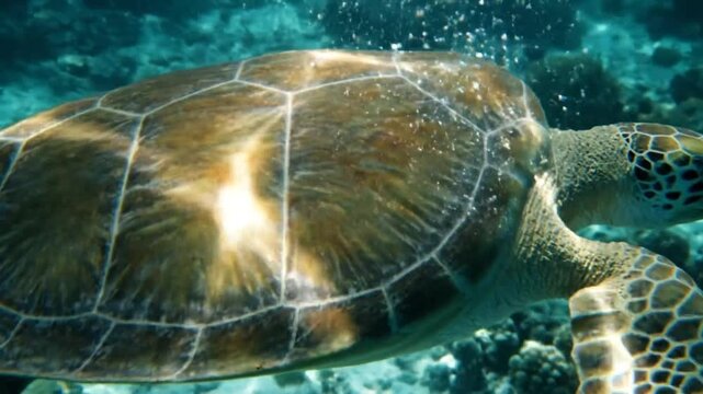 Graceful sea turtle gliding underwater with bubbles surrounding its shell in clear ocean environment