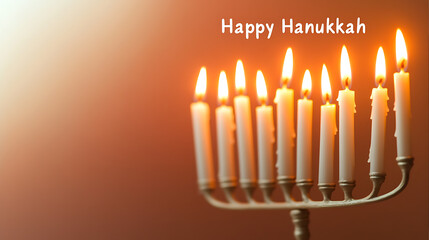 Fototapeta premium Illuminating the Season: Nine Candles Shine Brightly on a Menorah Against a Warm Backdrop. Honoring Tradition & Marking Celebration with Light & Reflection this Season.