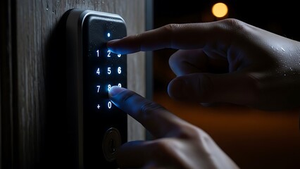 Close up of fingers entering a code on a backlit keypad lock
