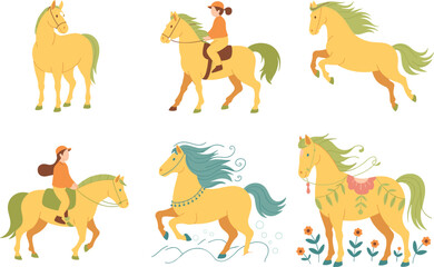 Whimsical horse illustrations with riders, playful cartoon horses, equestrian characters, decorative fantasy horses, colorful vector artwork for children and creative design