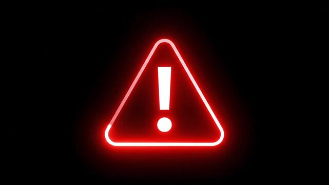 Glowing red neon warning sign with exclamation mark on a dark background, conveying caution and alert.