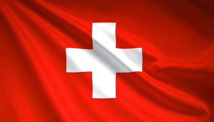 Swiss flag with bold red background and centered white equilateral cross, fabric folds and texture.