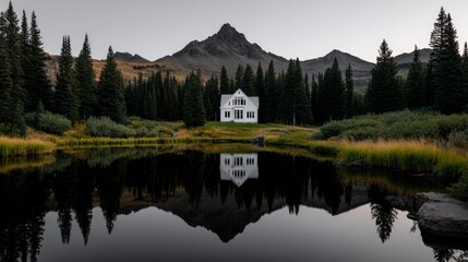 Fototapeta premium Isolated white mountain house reflecting clearly in a calm dark alpine lake surrounded by dense evergreen trees