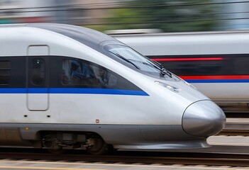A futuristic high-speed train rushes along modern railway tracks, showcasing sleek design, advanced engineering, smooth motion, and cutting-edge transportation technology within a dynamic urban travel