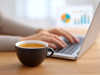 Office coffee workspace laptop typing hands morning productivity focus business professional