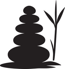 Zen balancing stones stacked with peaceful bamboo plant outline