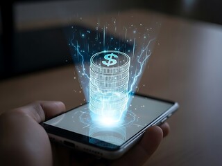 Digital currency transaction on a smartphone, holographic dollar coin with glowing energy and lightning