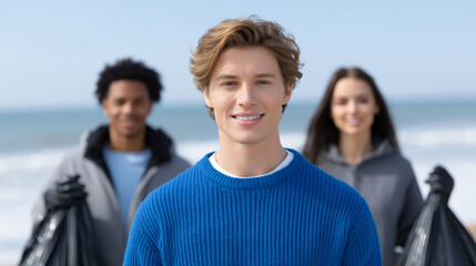 Volunteer beach cleanup youth teamwork eco ocean smile community environment Enthusiastic youth volunteer beach cleanup, smiling with team by ocean, fostering community spirit and environmental