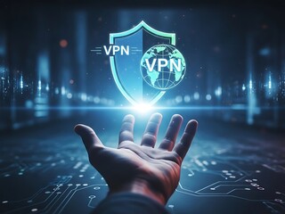 VPN virtual private network security concept. Hand holding shield with globe on abstract digital background.