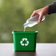 Hand pouring water into green recycle bin plastic bottle sustainability eco friendly waste reduction clean indoor hand container symbol responsible action calm mood environmental care lifestyle