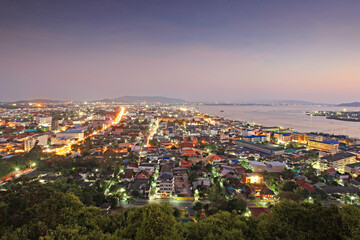 The scenery of Songkhla City top view from Tang Kuan Mountain (Khao Tangkuan Viewpoint) Famous public attractions in Songkhla Province, Thailand