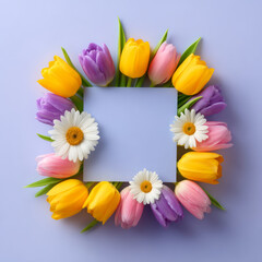 Spring flower frame tulip daisy pastel color floral border square space blank background minimal design soft light greeting card