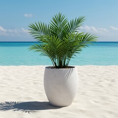 Obraz premium Decorative ceramic planter holding lush tropical foliage resting peacefully on soft white sand, with calm blue ocean water visible in the background ,landscape ,decoration ,botanical