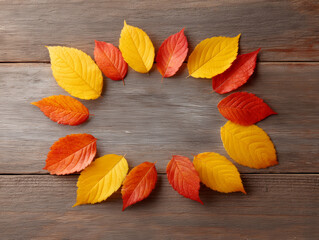 Golden leaf circle autumn foliage fall leaves wooden background seasonal frame orange leaf yellow leaf red leaf rustic board natural pattern create warm seasonal wreath on wood