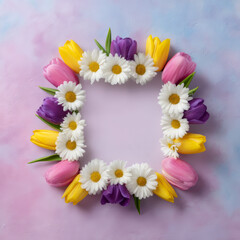 Spring floral frame tulip daisy pastel square border background flat lay pink yellow purple white petals soft texture greeting card copy space feminine mood cheerful vibe