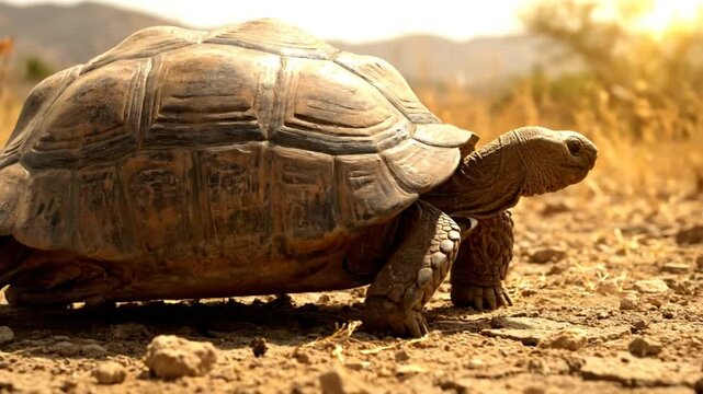 Desert tortoise slowly walking across arid landscape in warm sunlight with natural habitat background