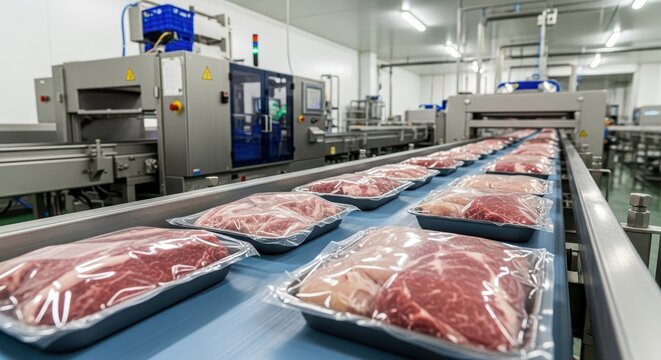 Packaged raw meat products moving on an industrial conveyor belt in a modern food processing factory