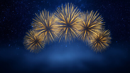 Golden fireworks burst night sky celebration festival sparkle bright blue abstract symmetry joy fills air as radiant light blooms above calm horizon festive mood and wonder in darkness