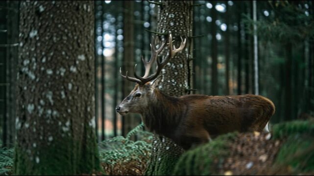 Majestic deer roams through a serene forest in the golden light of dawn