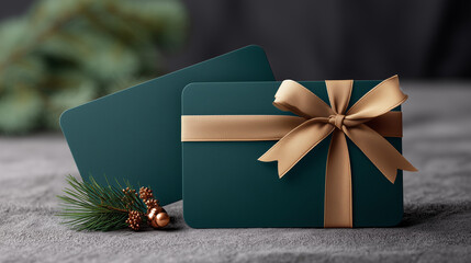 Elegant gift card with a luxurious gold ribbon, placed on a textured gray surface, accompanied by pine branches and decorative ornaments, perfect for festive occasions and celebrations