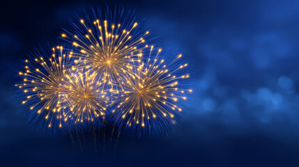 Golden fireworks burst night sky blue background celebration festival holiday sparkle bokeh glowing bright joy fills evening air with radiant light and festive atmosphere