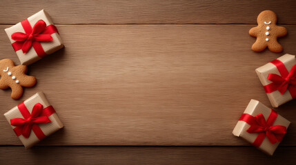 Gift box red ribbon wooden table gingerbread cookie holiday border festive frame copy space winter season celebration cozy mood Joyful holiday border with gift box red ribbon wooden table