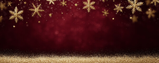 Gold snowflake red background festive backdrop holiday season glitter border winter theme sparkling star elegant design copy space celebration mood Joyful gold snowflake fall over deep red