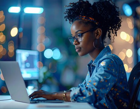Focused African American Woman Working on Laptop in Modern Office at Night.