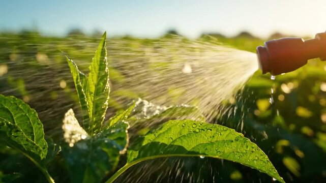Spraying pesticide on plants in field against pests and insects, crop care and protection.