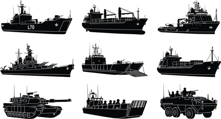 Military ship silhouettes, armored vehicles, naval fleet illustration, combat transport assets, defense equipment grid, war machines, tactical icons, army tools © MdMahmudul