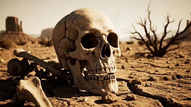 Weathered skull and bones on cracked desert earth with a barren landscape in the background