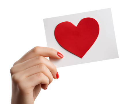 Female hand holding white paper with red heart, isolated on transparent background - Powered by Adobe