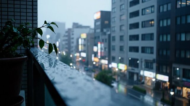 Raindrops on a balcony railing overlook a blurred, rainy city streetscape with glowing lights in the evening
