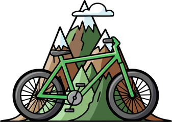 Fototapeta premium Green bicycle in front of mountains with a cloud.