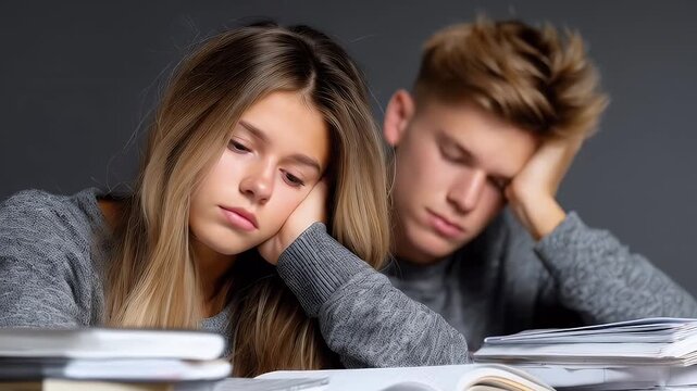 Tired students leaning on hands at desk studying