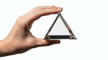 Human hand delicately holding a clear transparent crystal glass triangular prism against a bright white background