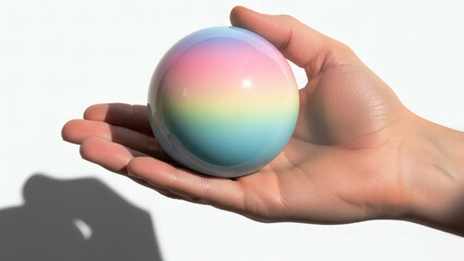 Obraz premium Human hand gently cradles a smooth glossy pastel rainbow gradient sphere against a bright white background