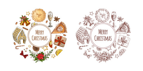 Hand drawn vintage Christmas food and gift sketch set, color and monochrome version, circular composition, isolated vector