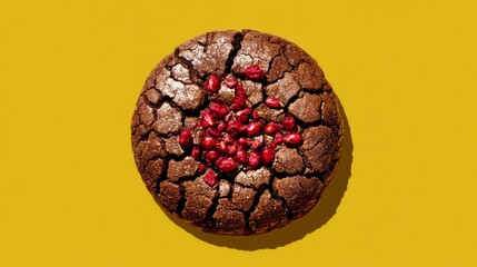 Gourmet chocolate cookie with cracked surface topped with glossy red berries and chocolate chips on vibrant yellow background