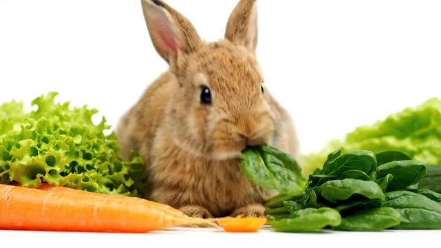 Cute bunny rabbit enjoys fresh vegetables including a carrot, spinach and lettuce against a bright white background