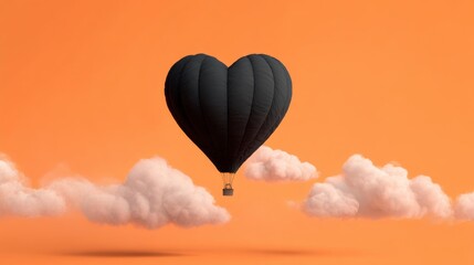 Fototapeta premium Surreal hot air balloon with heart-shaped black envelope floating above clouds in vivid orange sky