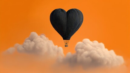 Fototapeta premium Surreal hot air balloon with heart-shaped black envelope floating above clouds in vivid orange sky