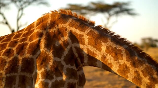 Close-up view of a giraffe in its natural habitat shows pattern of fur and skin against the backdrop of trees and savanna