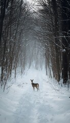 Serene winter deer walks a snowy forest path peaceful quiet beauty inspires calm reflection