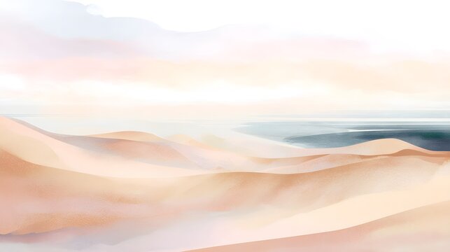 Serene coastal desert dunes watercolor illustration soft pastel sunlight aerial view tranquil landscape art