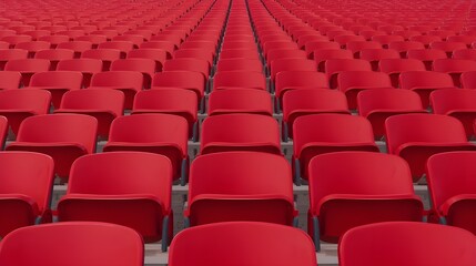 Obraz premium A close-up view captures the continuous rows of empty, bright red stadium seats receding into the background.
