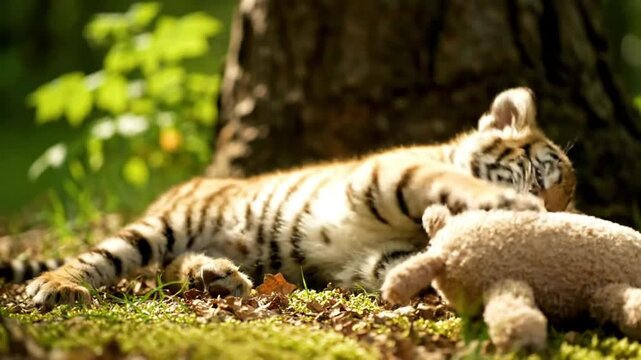Playful tiger cub rolling around and playfully biting a plush toy in a lush green forest setting near a tree
