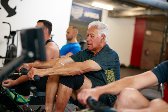 Class, rowing machine and old man workout for training, muscle fitness or cardio endurance in gym. Group, people and pull cable for exercise equipment, body wellness or challenge in active retirement - Powered by Adobe