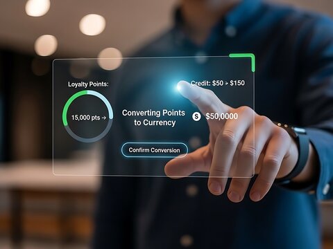Man converting loyalty points to currency on a virtual holographic interface in a modern setting